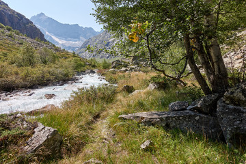 Mountain river landscape. Alps. In the morning in clear sunny day on a wide corner. The river quickly flows. Mountaineering and hikes. Beauty. Blue.