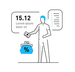 Woman puts money into the wallet. Family, relationships, convenience, work, home. Infographics, line, advertising, banner, video