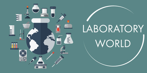 Vector or illustration of concept science and laboratory flat design. Lab equipment around the earth-shaped flask.