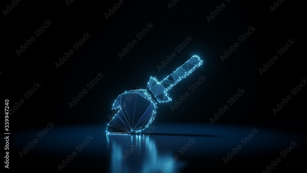 Poster 3d rendering wireframe neon glowing symbol of broom on black background with reflection