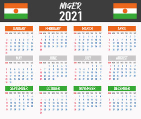 Niger Calendar with flag. Month, day, week. Simply flat design. Vector illustration background for desktop, business, reminder, planner