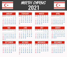 North Cyprus Calendar with flag. Month, day, week. Simply flat design. Vector illustration background for desktop, business, reminder, planner