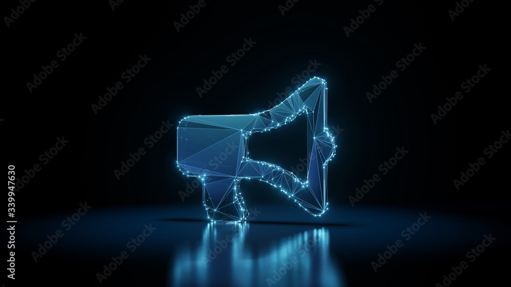 Poster 3d rendering wireframe neon glowing symbol of bullhorn on black background with reflection