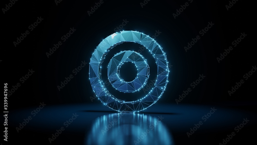Poster 3d rendering wireframe neon glowing symbol of bullseye on black background with reflection