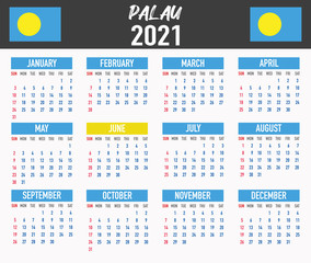 Palau Calendar with flag. Month, day, week. Simply flat design. Vector illustration background for desktop, business, reminder, planner