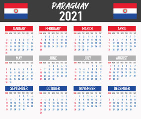 Paraguay Calendar with flag. Month, day, week. Simply flat design. Vector illustration background for desktop, business, reminder, planner