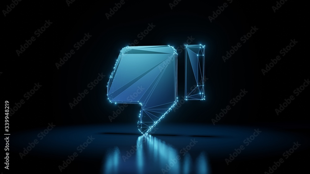 Poster 3d rendering wireframe neon glowing symbol of thumbs down on black background with reflection