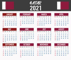 Qatar Calendar with flag. Month, day, week. Simply flat design. Vector illustration background for desktop, business, reminder, planner