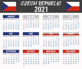 Czech Republic Calendar with flag. Month, day, week. Simply flat design. Vector illustration background for desktop, business, reminder, planner