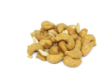 Cashew nuts on a white background.