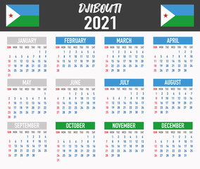 Djibouti Calendar with flag. Month, day, week. Simply flat design. Vector illustration background for desktop, business, reminder, planner