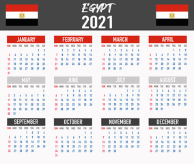 Egypt Calendar with flag. Month, day, week. Simply flat design. Vector illustration background for desktop, business, reminder, planner
