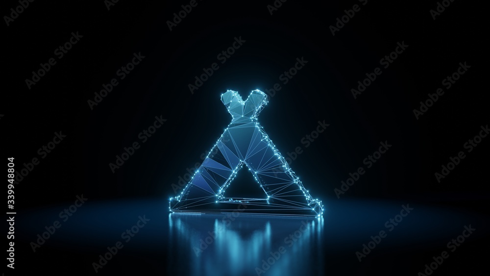 Poster 3d rendering wireframe neon glowing symbol of campground on black background with reflection