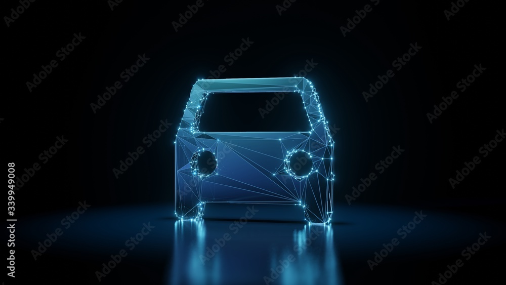 Poster 3d rendering wireframe neon glowing symbol of car on black background with reflection