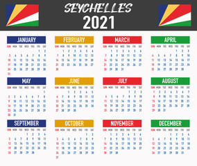 Seychelles Calendar with flag. Month, day, week. Simply flat design. Vector illustration background for desktop, business, reminder, planner