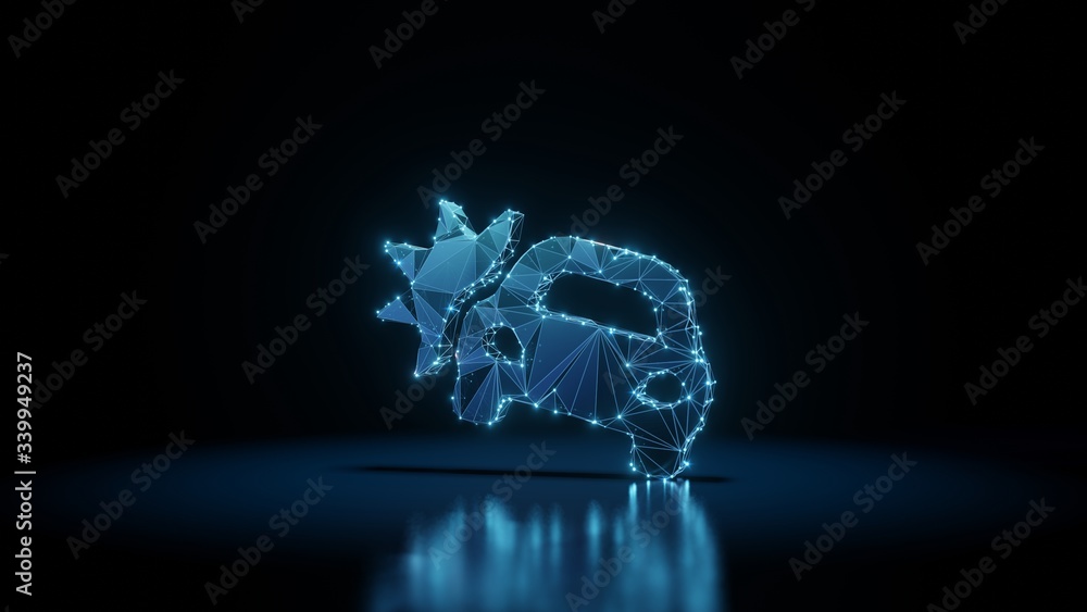 Poster 3d rendering wireframe neon glowing symbol of car crash on black background with reflection