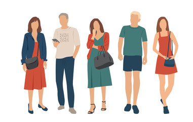 Obraz premium Set of men and women, different colors, cartoon character, group of silhouettes standing business people, flat icon design concept isolated on white background