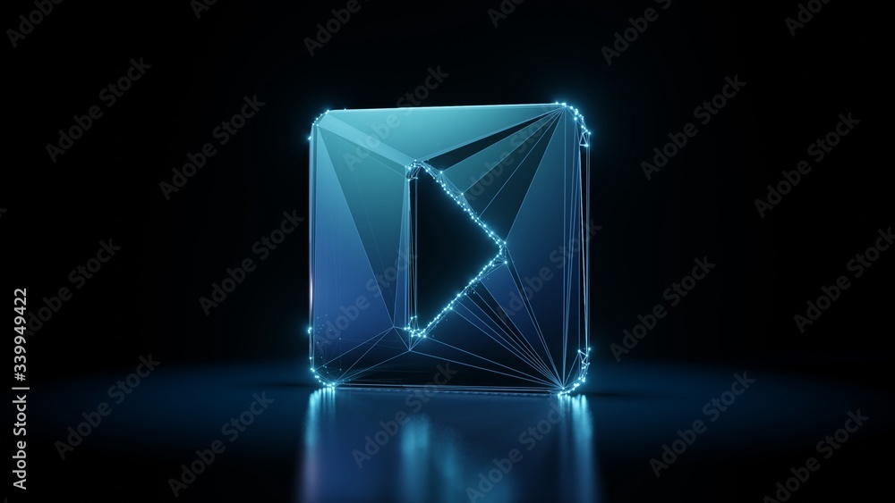 Poster 3d rendering wireframe neon glowing symbol of caret square right on black background with reflection