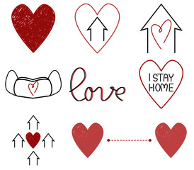 Vector set of heart, i stay home, love and social distancing 