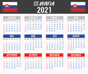 Slovakia Calendar with flag. Month, day, week. Simply flat design. Vector illustration background for desktop, business, reminder, planner