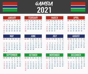 Gambia Calendar with flag. Month, day, week. Simply flat design. Vector illustration background for desktop, business, reminder, planner