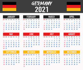 Germany Calendar with flag. Month, day, week. Simply flat design. Vector illustration background for desktop, business, reminder, planner