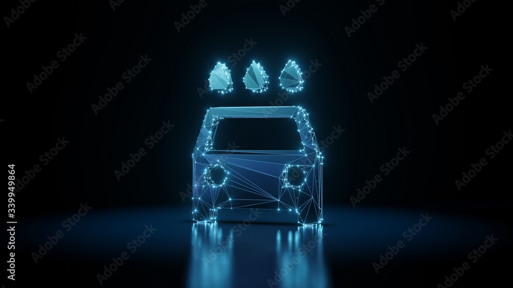 Poster 3d rendering wireframe neon glowing symbol of car wash on black background with reflection