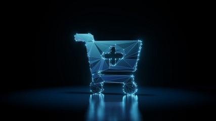 3d rendering wireframe neon glowing symbol of cart plus on black background with reflection