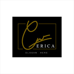 Signature logo, initial "ERICA" signature with frame, brand and white background