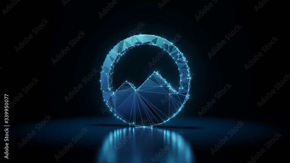 Poster 3d rendering wireframe neon glowing symbol of circle mountain on black background with reflection