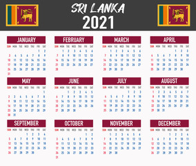 Sri Lanka Calendar with flag. Month, day, week. Simply flat design. Vector illustration background for desktop, business, reminder, planner