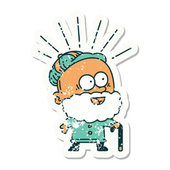 grunge sticker of tattoo style happy old man with walking stick