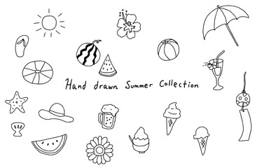 Summer hand drawn vector resource collection set. Summer vacation holiday illustration drawings for the beach. Parasol sunny sun flip flops hat beer Japanese summer in Japan ice cream sun flower.