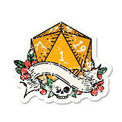 natural one d20 dice roll grunge sticker