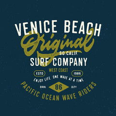 Venice Beach Original Surf Company T shirt Graphics. Vintage West Coast Surfing Typography Apparel Print. Vector Design. 