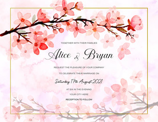 wedding invitation card with abstract cherry blossoms watercolor background