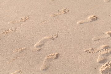 Fototapeta na wymiar Footprints on wet sand on the beach, natural photo
