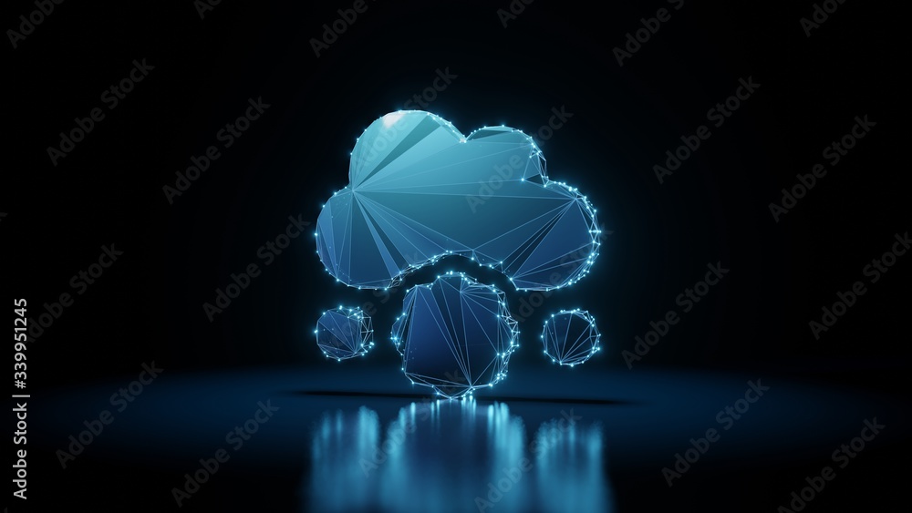 Poster 3d rendering wireframe neon glowing symbol of cloud meatball on black background with reflection