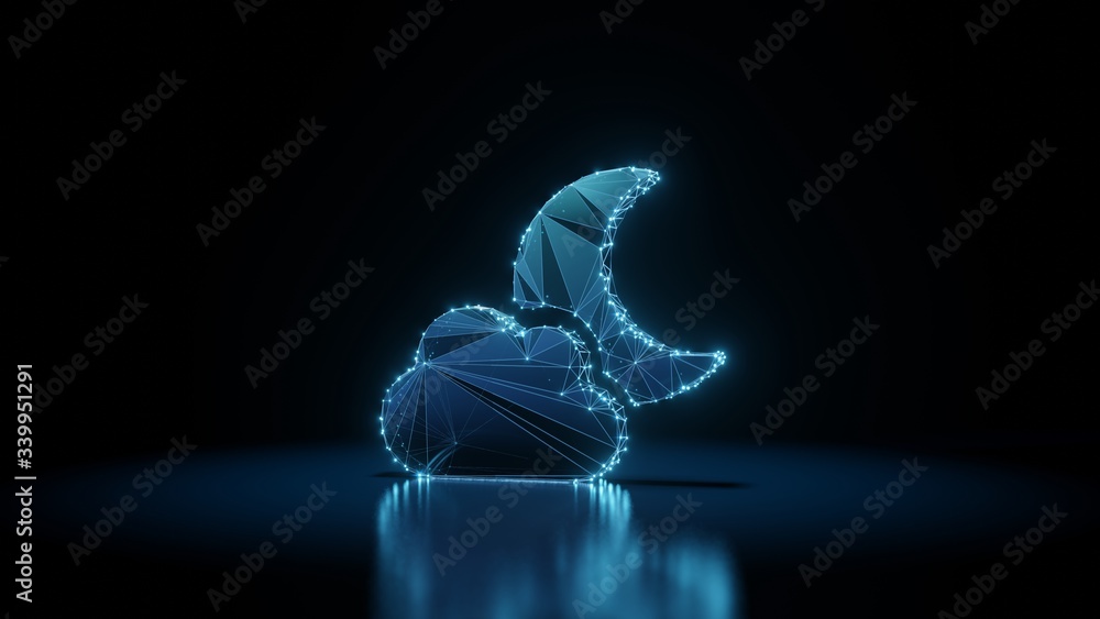 Poster 3d rendering wireframe neon glowing symbol of cloud moon on black background with reflection