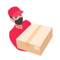 A delivery boy in a mask holding a blank box. Young adult man in a red polo t-shirt, baseball cap.