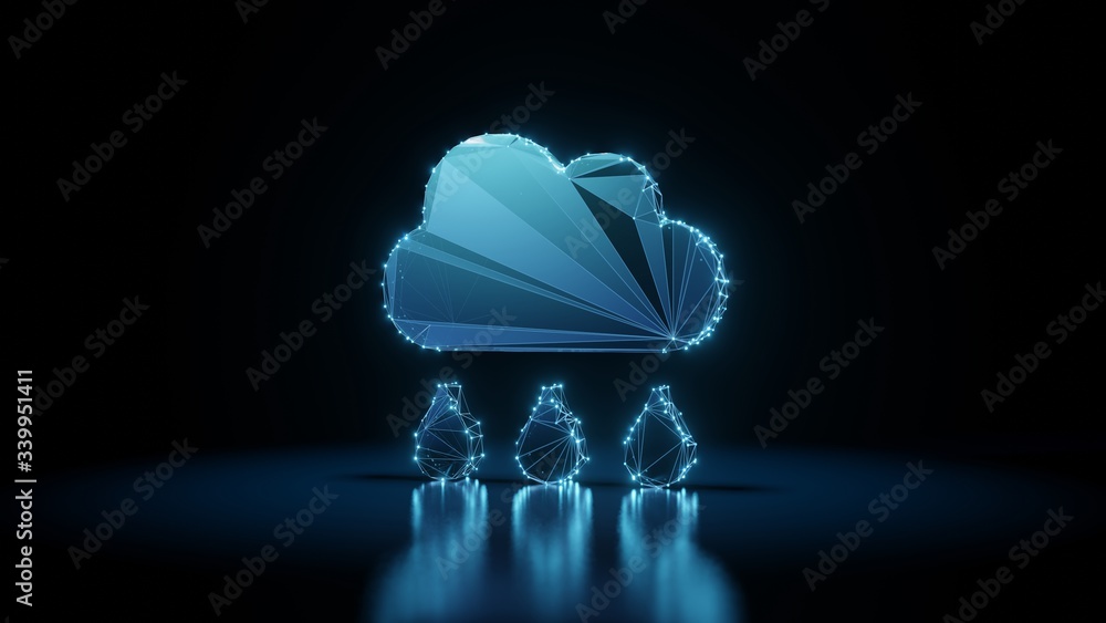 Aufkleber 3d rendering wireframe neon glowing symbol of rain cloud on black background with reflection