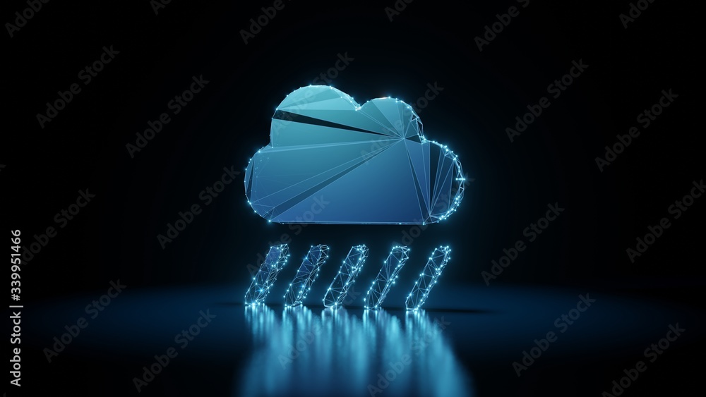 Poster 3d rendering wireframe neon glowing symbol of cloud showers heavy on black background with reflectio