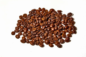 Arabica and Robusta coffee beans on a white background