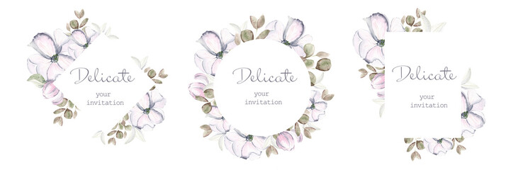 Set of watercolor floral frame with roses, leaves, branches, herbs isolated on a white background. Floral greeting card or invitation