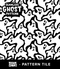 Vintage Black and White Ghost Seamless Pattern Surface Design with Isolated Pattern Tile. Vector Illustration. 