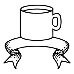 black linework tattoo with banner of cup of coffee