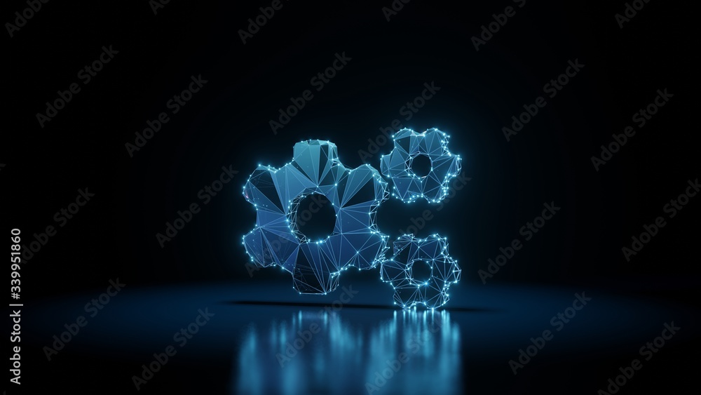 Poster 3d rendering wireframe neon glowing symbol of cogwheels on black background with reflection