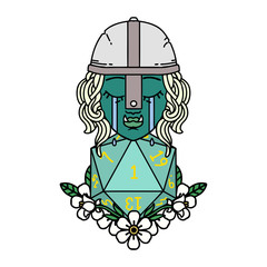 crying orc fighter character with natural one D20 roll illustration