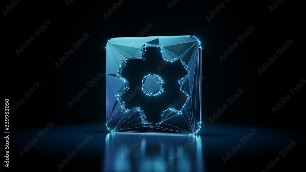 Poster 3d rendering wireframe neon glowing symbol of cogwheel in square on black background with reflection