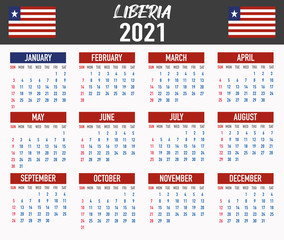 Liberia Calendar with flag. Month, day, week. Simply flat design. Vector illustration background for desktop, business, reminder, planner